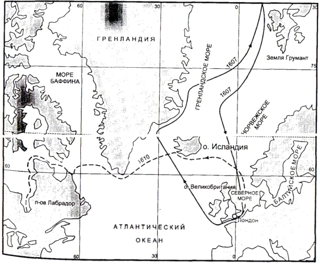 Карта маршрутов экспедиций Г. Гудзона