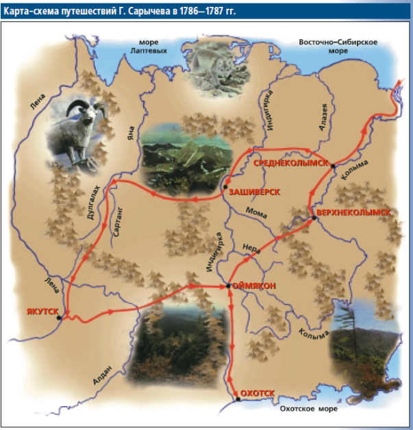 Карта-схема путешествий Г. Сарычева в 1786—1787 гг.